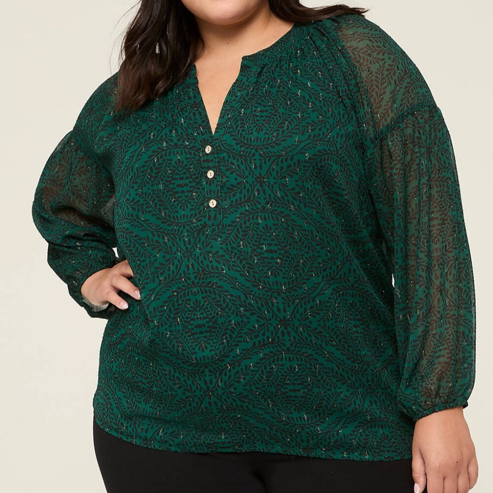 Lane Bryant PLUS‎ 3X (24) Green Lurex Shimmer Split-Neck Popover Top Blouse NWT